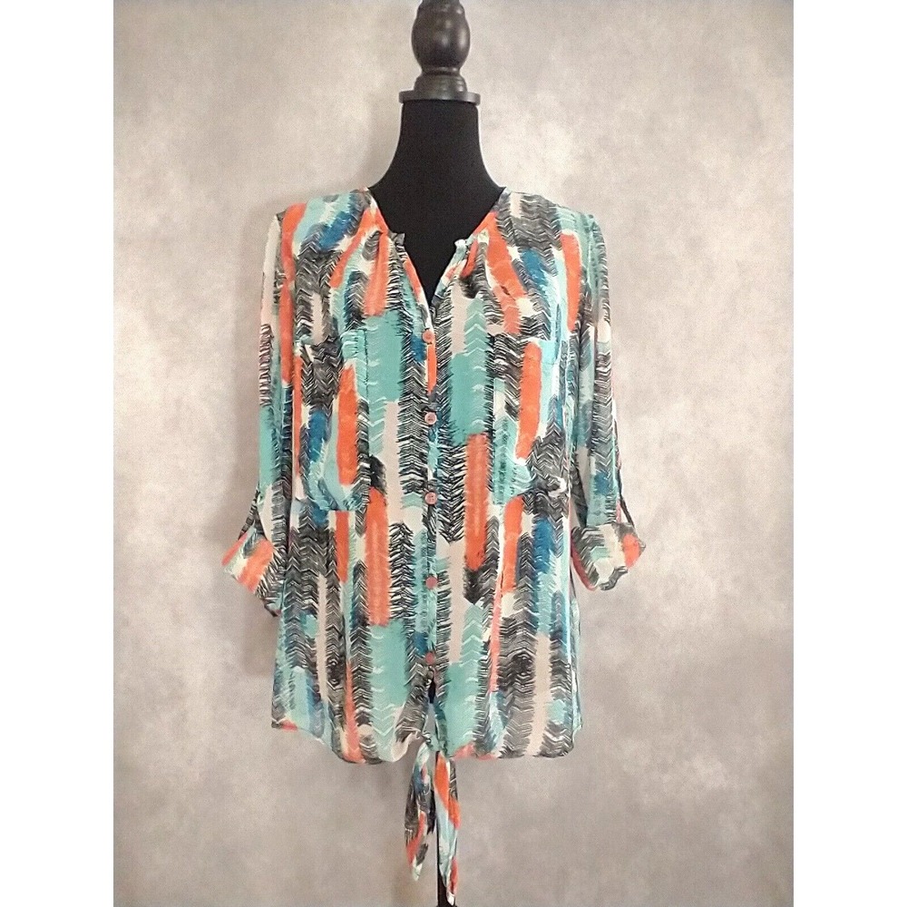 Kut from the Kloth Womens Large Button Down Sheer Top Blouse Aztec Front Hem Tie